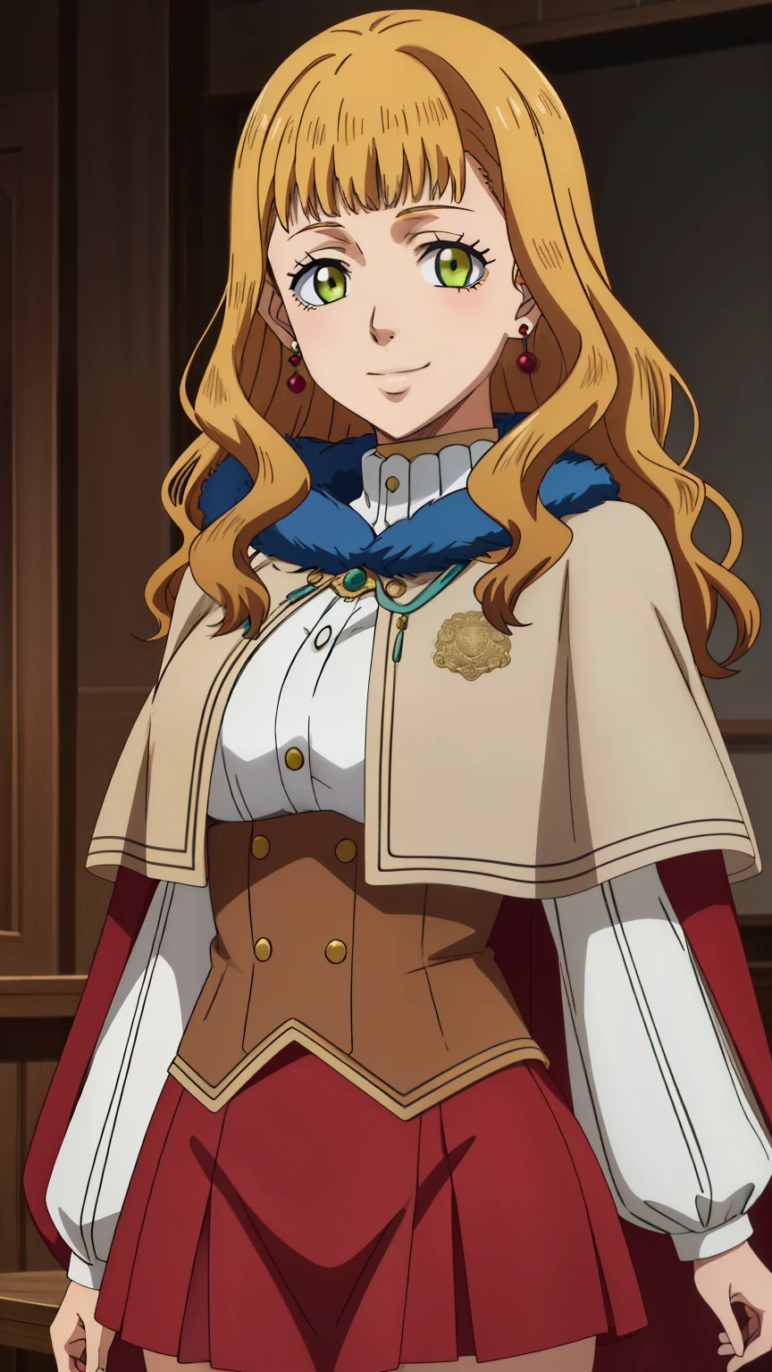 (Top quality, masterpiece, 8k), (Realistic skin texture), (anime coloring), Very detailed, very detailed, beautiful eyes, perfect eyes, detailed eyes, feature large highlight, detailed face, ultra-detailed, detailed eyes, symmetrical eyes, (Dynamic angle), Sharp details, 1girl, mimosa, green eyes, orange hair, long hair, alone, earrings, looking at viewer, wavy hair, bangs, blunt bangs, standing, closed mouth, clock, smiling, jewelry, dress, capelet, long sleeves, turtleneck, mini skirt, cape, indoors, cowboy shot, 