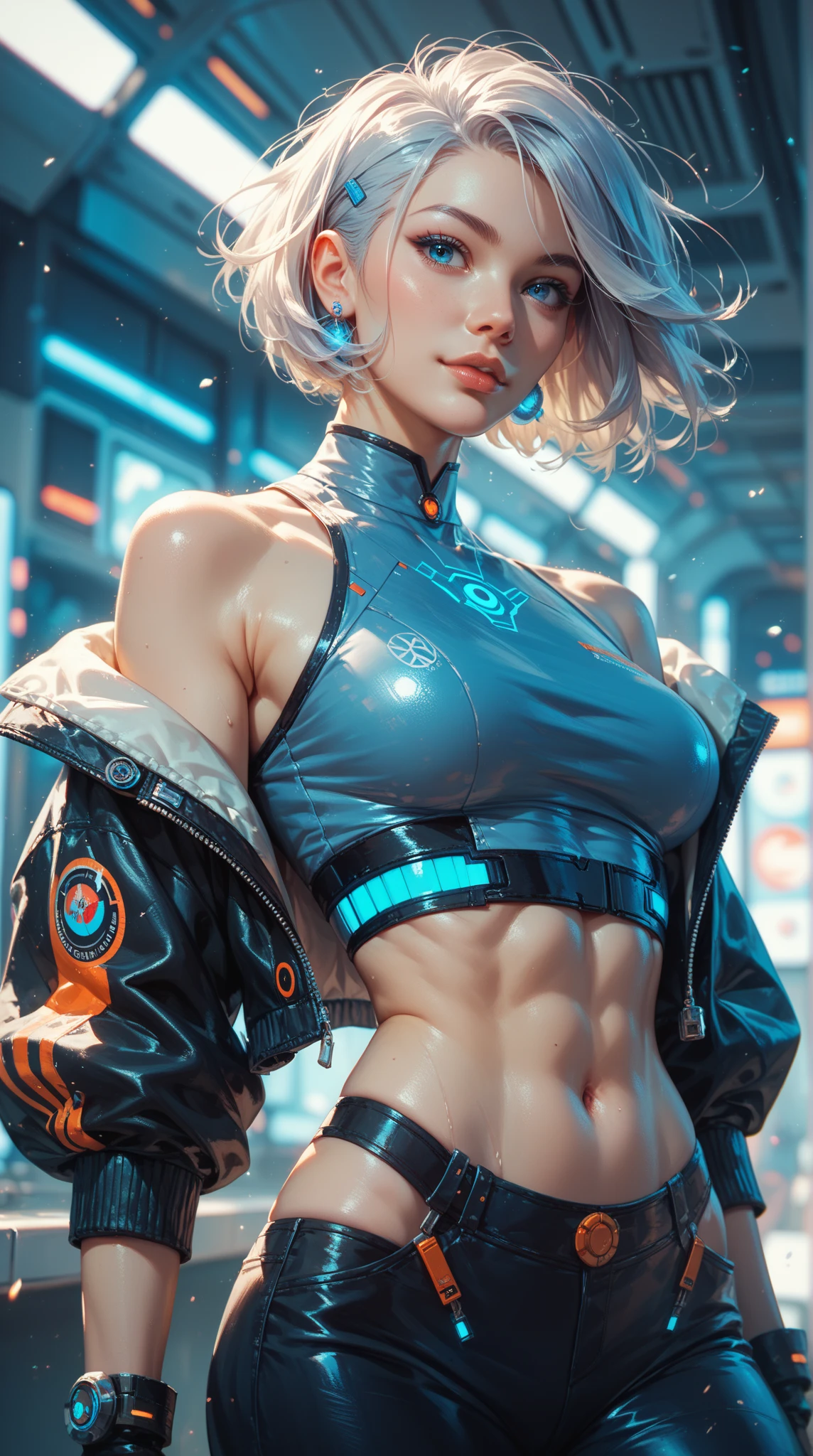 Masterpiece, best quality, absurdres, perfect anatomy, 1girl, solo, short pink hair, black sports bra, cleavage, boobs, black leggings, bubble butt, muscular, hands on hips, rooptop, night, sky scenary, full moon, stars