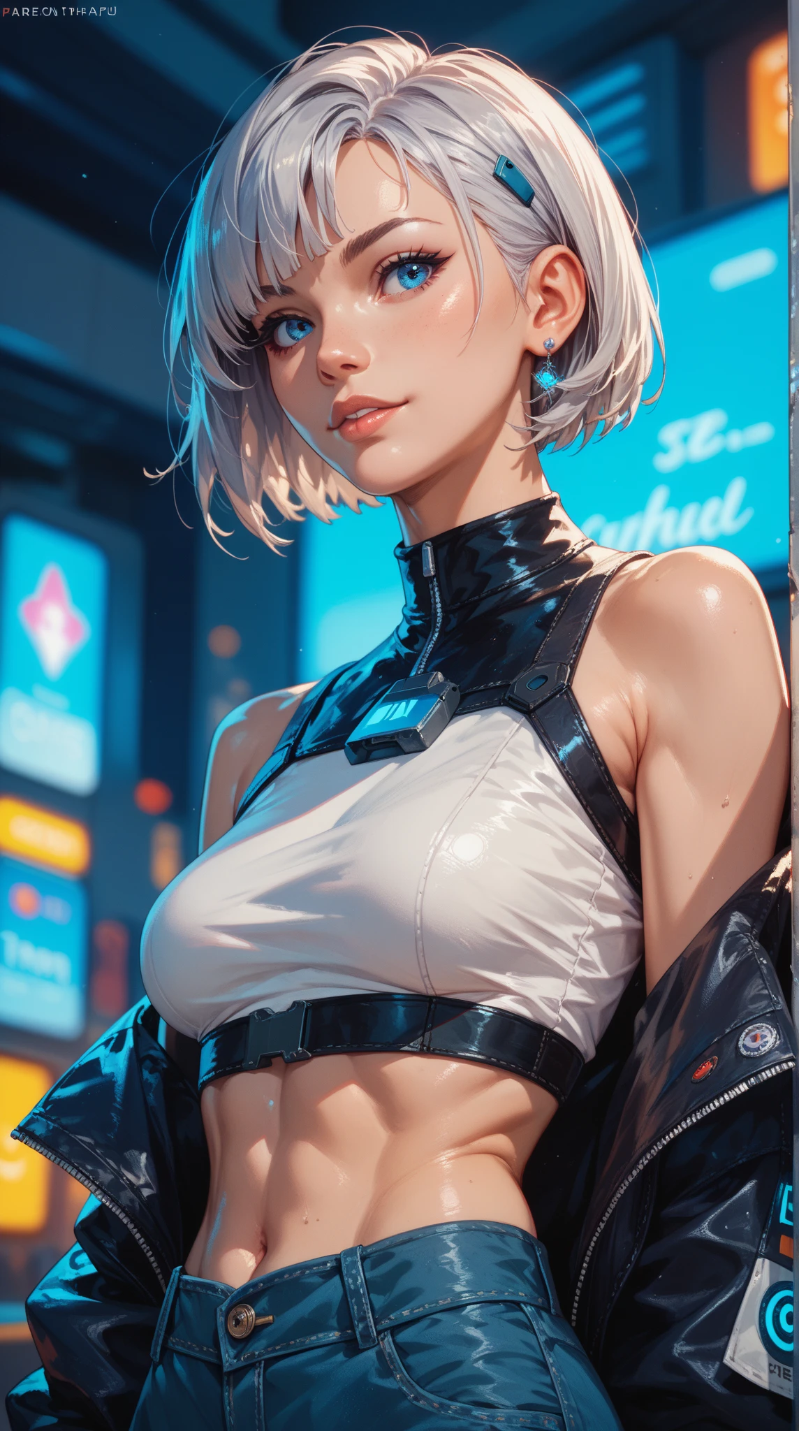 Woman 30 years (Lea Seydoux pov), lying on the street, short white hair, sidecut hair, tight sexy white swinsuit, cibernetic accessories, black tight shorts, unbuttoned cyberpunk white jacket, no buttons, beautiful face, super detail eyes, perfect eyes, medium breasts, wet and soft, close, sensual pose, fiery and lascivious wanting more, view from above, nice thighs, blue eyes, purple lipstick, wet skin, wet hair, rain, neon lights, cyberpunk, intense storm nighttime scenarium