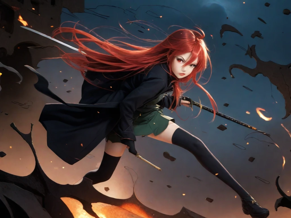 1 girl, cowboy shot, rubble ruins,a little anger, (battle preparation:1.2), open your mouth, (night:1.2), explosive inflammation,shana, red eyes, redhead, very long hair, hair between eyes, (Ahoge:1.1), explosive flame,abandoned building,rubble serafuku, green skirt, Thighhighs,long Japanese sword wrapped in flames..,highest quality, masterpiece, High resolution, black long coat,Flaming on One Side ,
shana, red eyes, red hair, very long hair, hair between eyes, ahoge),  score_9, score_8_up, score_7_up, source_anime, Swing a japannse sword with both hands ,(photo realistic:1.4),(realistic skin:1.4),photo realistic,Holding a Japanese sword with both hands,Battoujutsu,Put your hand on the pattern of a Japanese sword,A giant Japanese sword with a black handle,Red Sky,Burning Ground