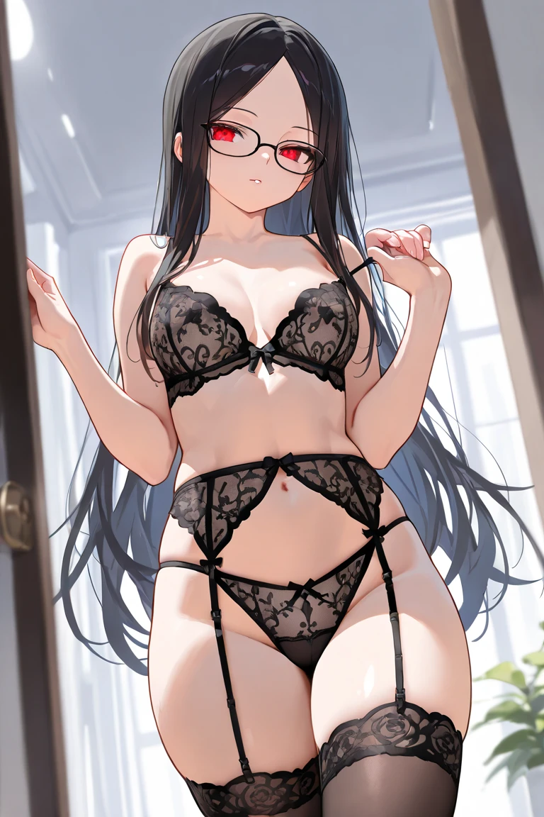 ((best quality)), ((masterpiece)), femboy, dark parted hair, cute red eyes, elegant look, dark glasses, lingerie, sharp curves