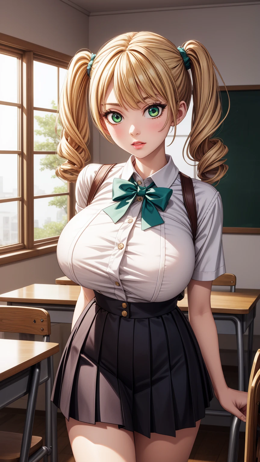 anime female character in school uniform, with short skirt, 
BREAK
, rika hoshizaki, (green eyes:1.3), blonde hair, twintails, (Beautiful,Huge_Breasts:1.3), milf,
BREAK
, 1girl, solo, Standing in the garden, full body, full figure,
BREAK
, Beautifully detailed illustration of a cozy and meticulously decorated school classroom with warm lighting, vibrant colors, and an inviting atmosphere.
BREAK
, skirt, shirt, bow, school uniform, white shirt, short sleeves, pleated skirt, bowtie, blue skirt,

BREAK
, beautiful detailed eyes, beautiful detailed lips, extremely detailed eyes and face, long eyelashes,
BREAK
, medium: oil painting, atmospheric lighting, dreamy color palette, detailed interior decoration, quiet and peaceful ambiance,
BREAK
, (best quality,4k,8k,highres,masterpiece:1.2), ultra-detailed, unbuttoned top, cleavage 