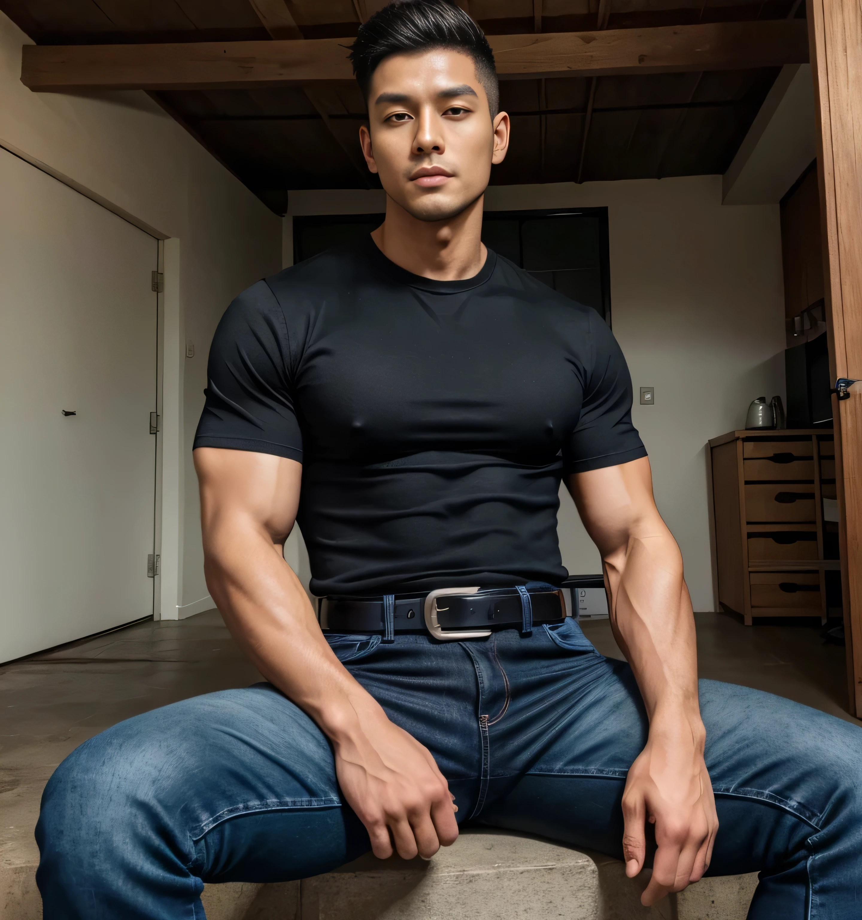 1 male,realistic, highly detailed, intricate details, detailed background, depth of field, photo of a daddy ,(big muscle), (Korean-thai 27 ages), wearing hood, on big window, (smirk:0.9), (seductive gaze, tired), (open mouth:0.9),(oily skin:1.2), jean pants, standing cool pose