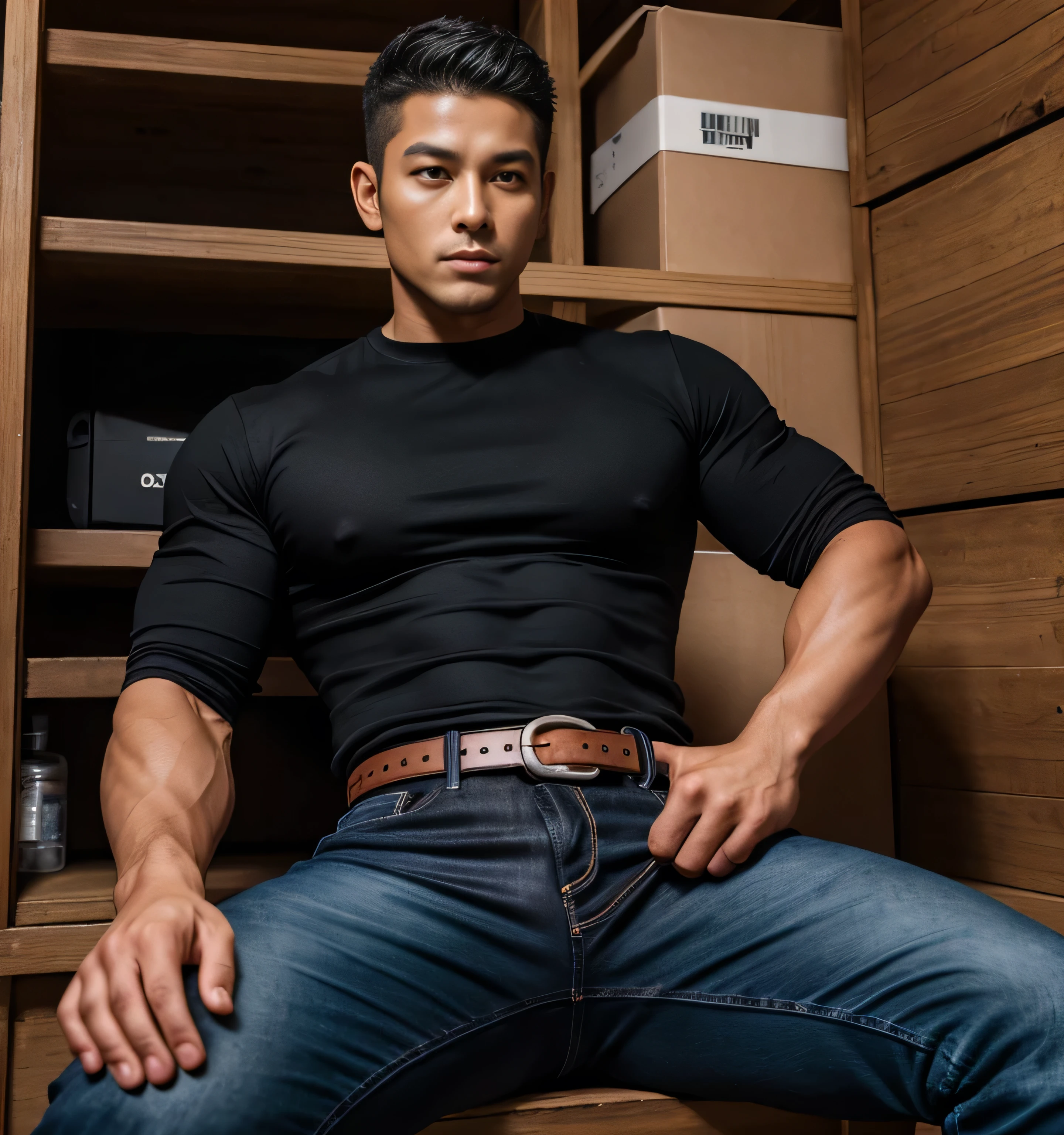 33-year-old handsome ,  One Man,、  muscularity、Oki Shuto 。  black shirt 、  slim jeans similar to Kim Seol-young、  shorthair  　、 basement、  open leg 。 Sit on the block、  black shirt 、 slim jeans similar to Kim Seol-young 、 Lift your upper body 、Focus on facial expressions　Turkish　Menacing look　 black Hermes belt