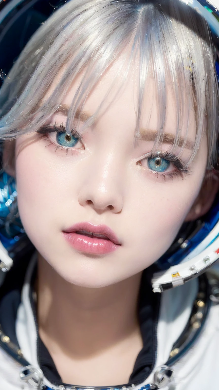 (Close-up of a better masterpiece:1.5)0.9], (Space and astronauts:1.2) (Messy silver hair:1.1) (Heterochromia xanthochromia and blue eyes:1.2) (Space Helmet:1.0) (Colored stars in the eyes:1.0) (A radiant glow:1.1) (thick lips:0.9)