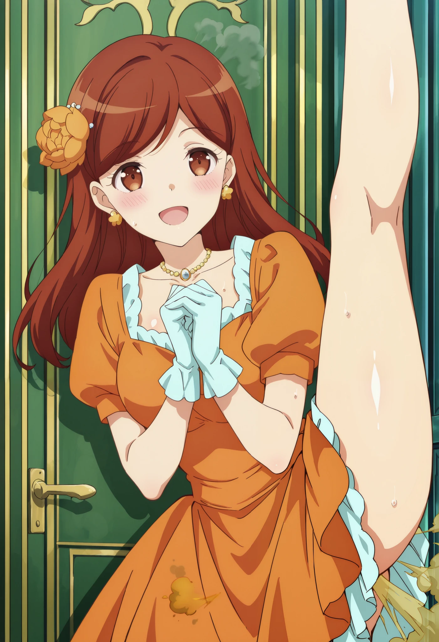 masterpiece, best quality, absurdres, highres, newest, score_9, score_8_up, score_7_up, source_anime, 1girl, solo, mary hunt, long hair, brown hair, brown eyes, jewelry, necklace, orange dress, own hands together, earrings, gloves, flower, sweat, smile, happy, open mouth, blush, shiny skin, standing split, ((fart)), ((farting)), anime coloring,