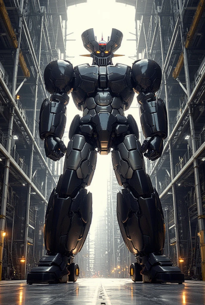   A very realistic smart version of Mazinger Z with the latest design and full body refinement, It stands at a massive height of 98 meters .  constructed with modern materials such as steel ,  Carbon Fiber ,  other industrial elements are also visible ,  just like the real thing , Rugged exterior .  and is set in a large indoor plant facility maintenance shop ,  the appearance of Mazinger Z standing around ,  illuminated by natural light 、Realistic shadows and accentuated massive structures using Gundam technology . The floor emits fine LED light 