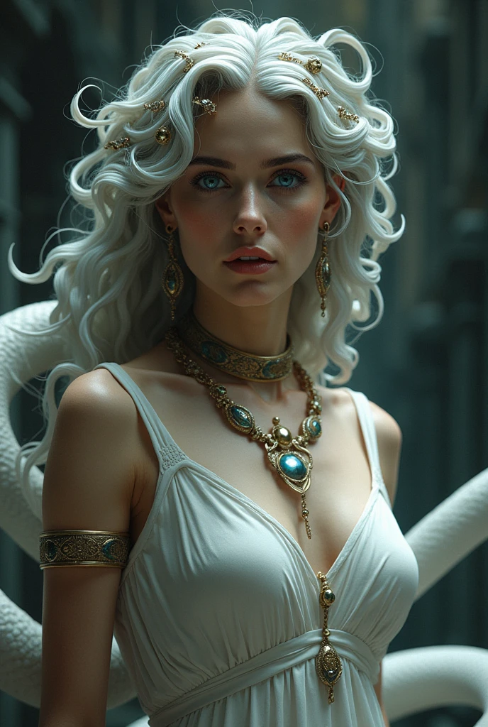 Medusa Greek mythology, (Ancient Greek dress, gold and silver accessories, collar, bracelets, earrings:1.3),
Big breasts, sky blue eyes, half snake and half human, 
The hair of many snakes, white snake image, 