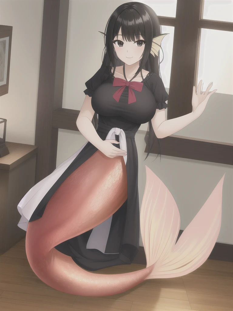 masterpiece, best quality, darkness, 1girl, solo, long_hair, breasts, looking_at_viewer, smile, black_eyes, black_hair, large_breasts, dress, indoors, white_dress, window, own_hands_together, mermaid tail below waistline, 