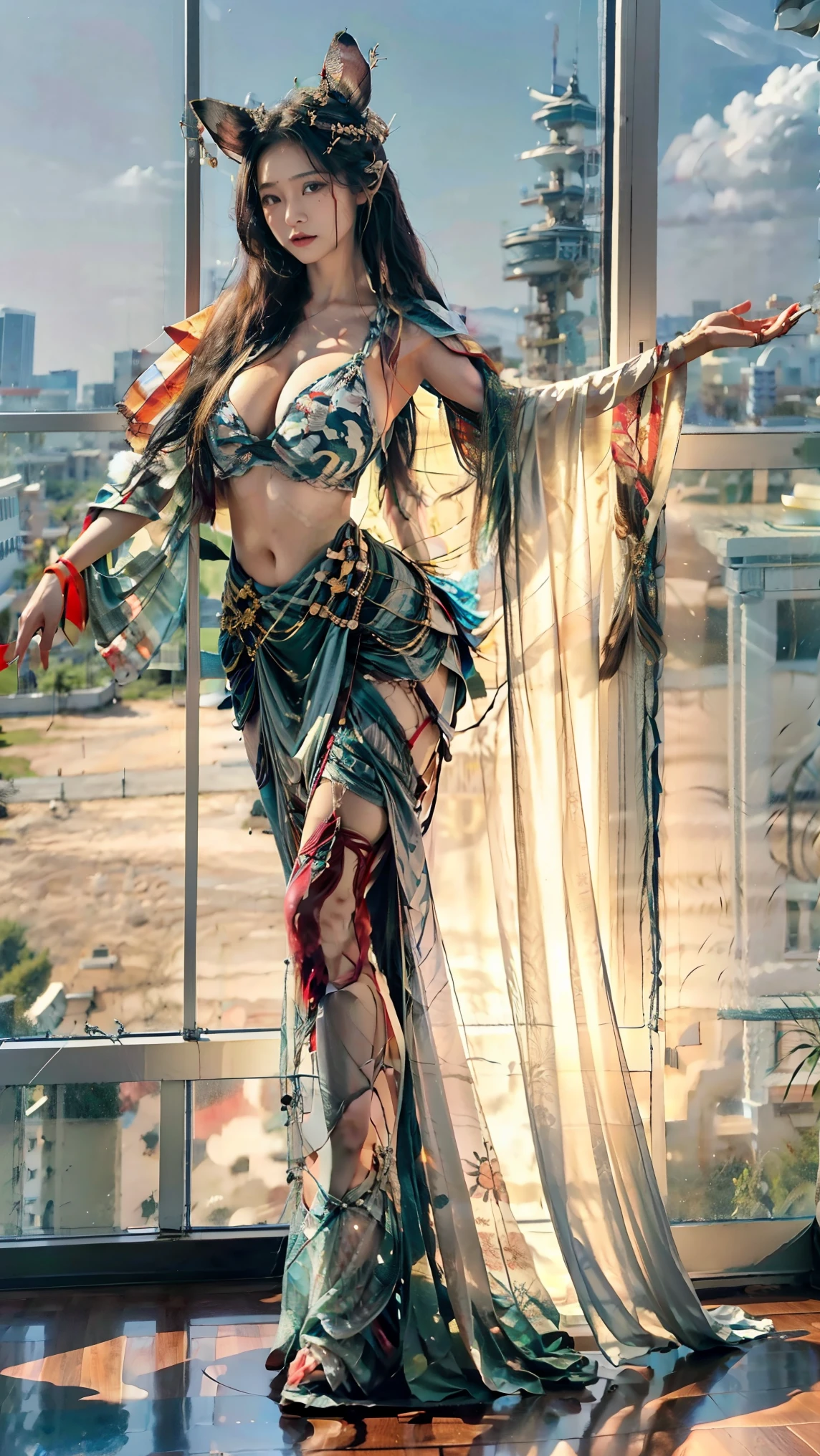 Extremely beautiful,1 girl, jewerly, breastsout, ((dancing1.4)), high-heels, darkskin, bracelet, へそ, aretes, focus only, Ankle Bracelet, dark skinned female, tummy, Blurry background, long hair, necklase, Blurry, neckleace, Bblack hair, overskirt, realisitic, へそ piercing