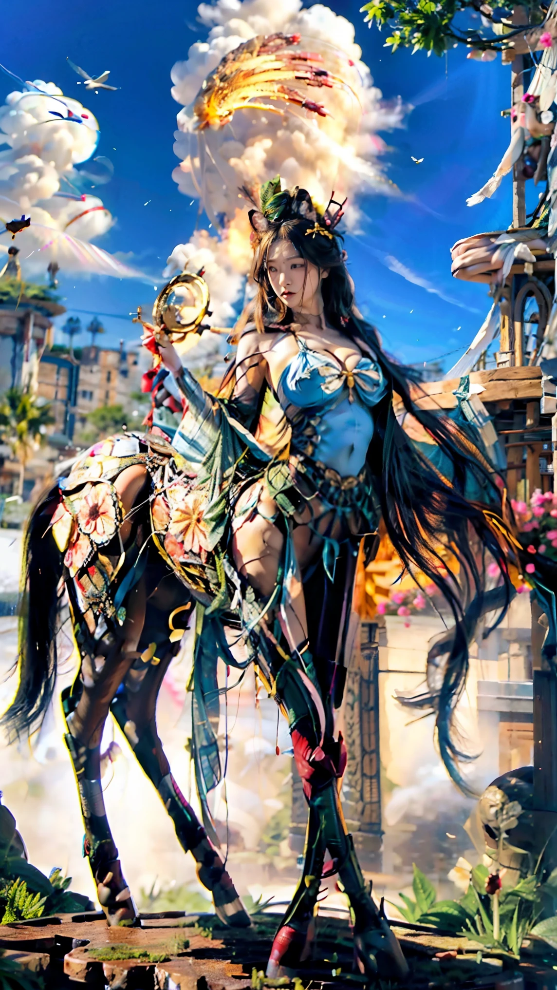 a cute yuna, centaur, wearing a sheer colorful tribal drape on her torso, she is inspecting flowers in a lavish flower garden, pure bliss, alluring
