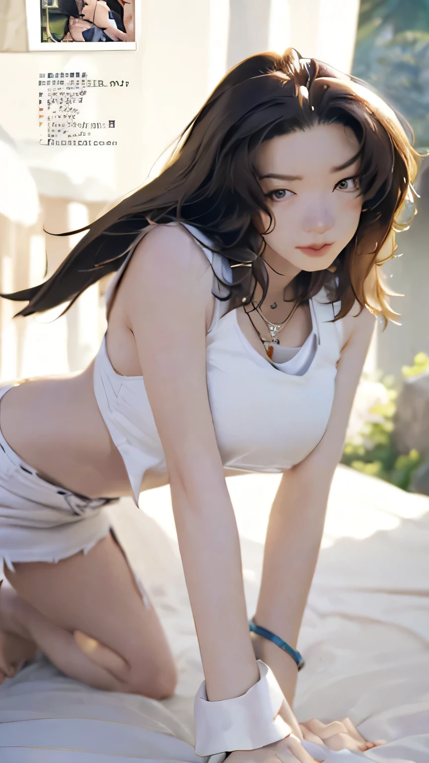 Asian woman from Alafeld poses for a photo in a white top and denim shorts, seductive Tifa lockhart portrait, Realistic Shadows Perfect Body, Tifa, seductive anime girl, [ 4K digital art ]!,Realistic anime girl rendering, he turned off the heart lock, realistic perfect body, Tifa lockhart with white hair, perfect shadow body