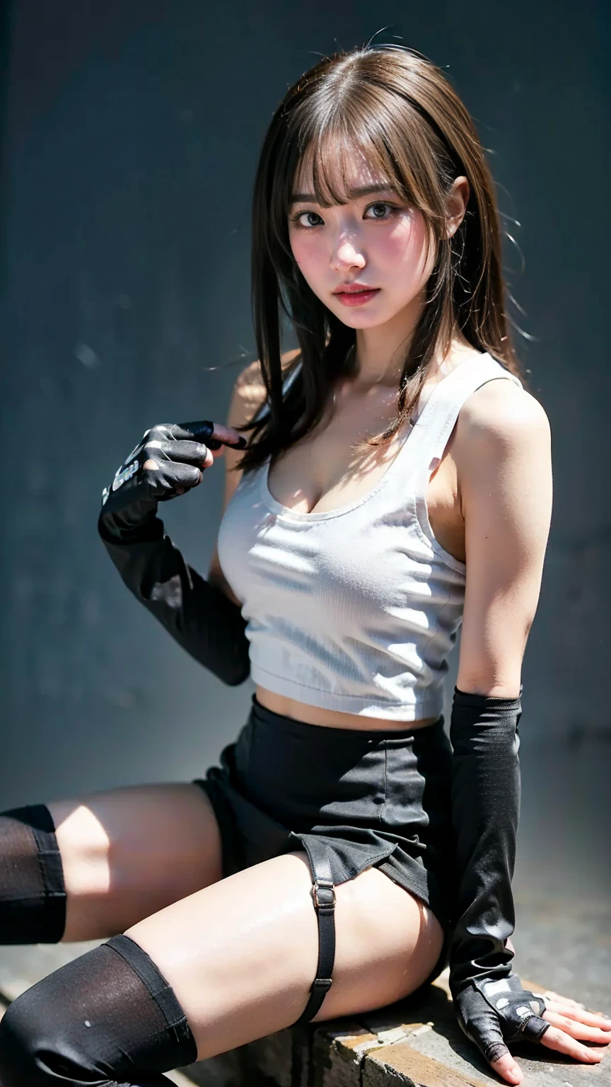 Tifa,1gil,solo,gloves,elbow gloves,fingerless gloves,breasts,suspenders,thighhighs,crop top,tank top,skirt,black thighhighs,suspender skirt,black skirt,earrings,jewelry,midriff,looking at viewer,elbow pads,white tank top,black gloves,realistic,boots,shirt,underwear,panties,low-tied long hair,sports bra,miniskirt,arm guards,belt,underboob,white panties,red footwear,black panties,pleated skirt,collarbone,bottomless,fighting stance,sleeveless,shorts,pencil skirt,
sexy pose,best quality,masterpiece,illustration,an extremely delicate and beautiful,CG,unity,8k wallpaper,Amazing,finely detail,masterpiece,official art,extremely detailed CG unity 8k wallpaper,incredibly absurdres,huge filesize,ultra-detailed,highres,extremely detailed,beautiful detailed girl,realistic,full frontal,outdoors,light contrast, short hair