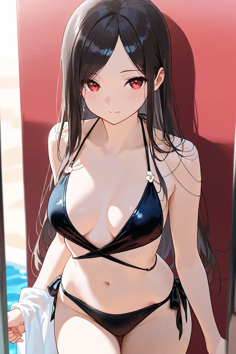 ((best quality)), ((masterpiece)), girl, dark parted hair, cute red eyes, elegant look, cool elegant swimsuit, medium breasts