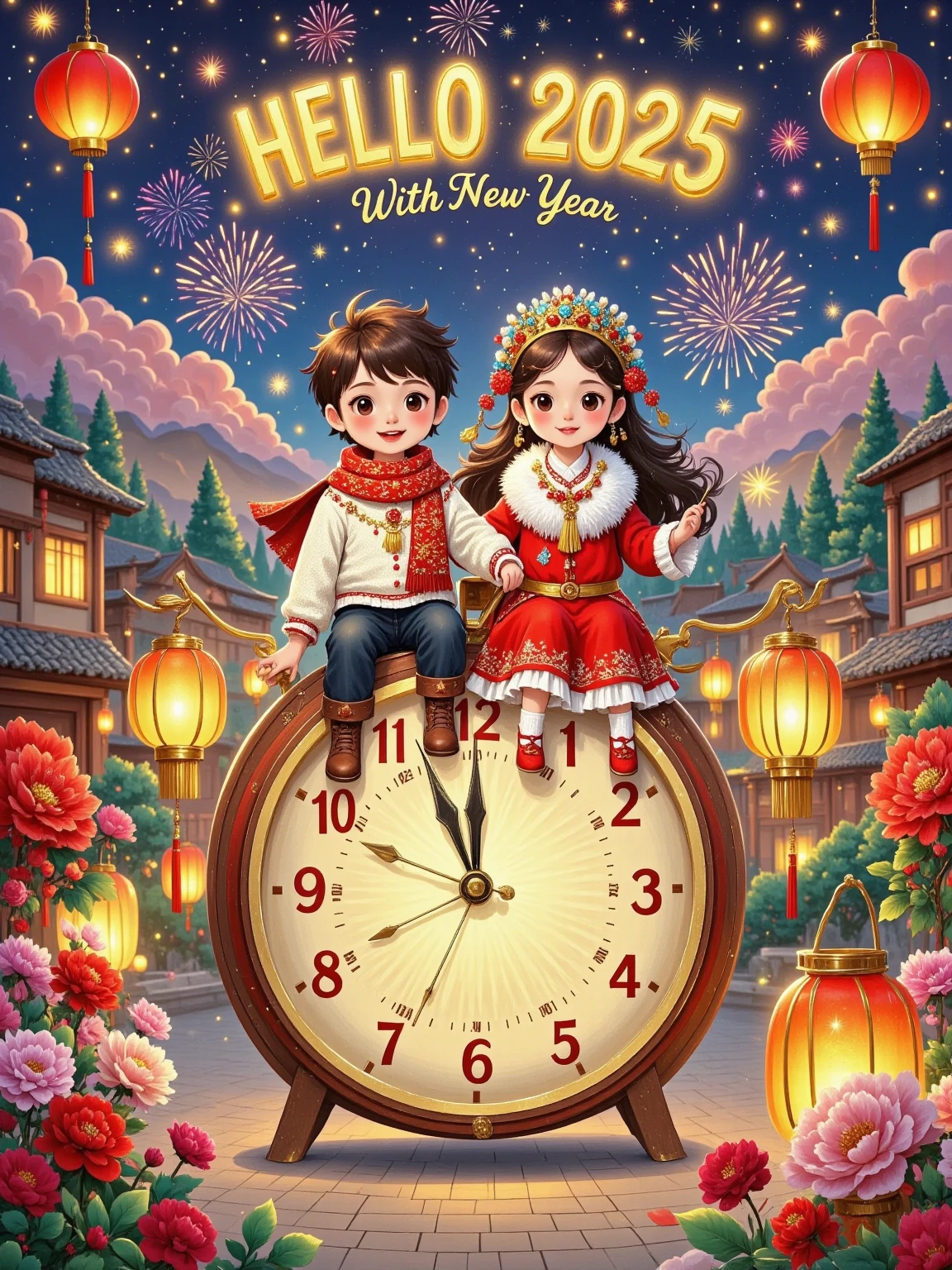 Flat illustration, New Year poster, surreal, glowing text "HELLO 2025" at the top, subtitle "With loved ones", a cute boy (short brown hair, white sweater, red scarf) and a cute girl (long brown hair, red sweater, white scarf) sitting close together on top of a giant clock, front view, fireworks, particle glow, blurred background, depth of field, whimsical New Year atmosphere, New Year's Eve atmosphere, soft lighting, dreamy atmosphere, storytelling, artistic, 8K, masterpiece