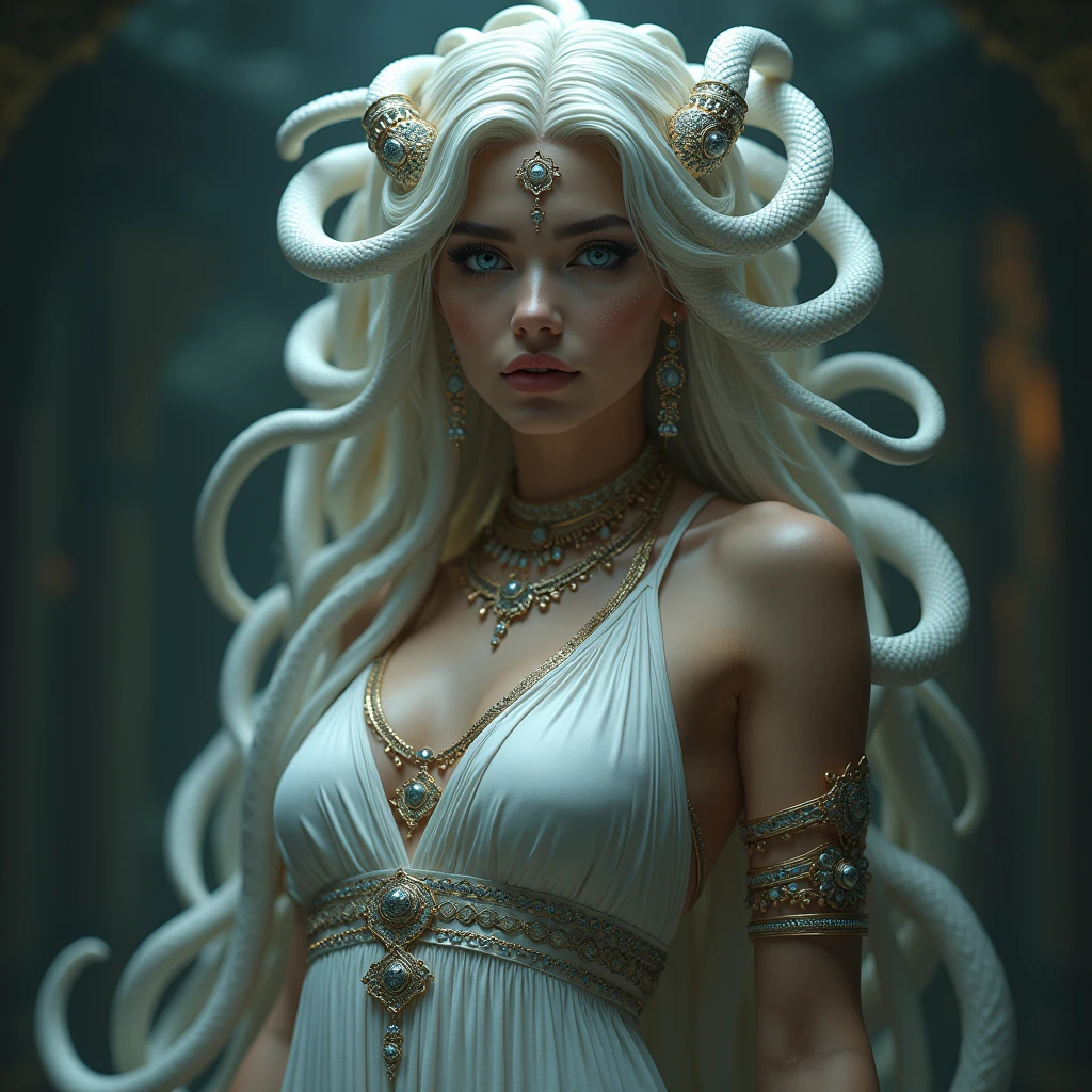 Medusa Greek mythology, (Ancient Greek dress, gold and silver accessories, collar, bracelets, earrings:1.3),
Big breasts, sky blue eyes, half snake and half human, 
The hair of many snakes, white snake image, 