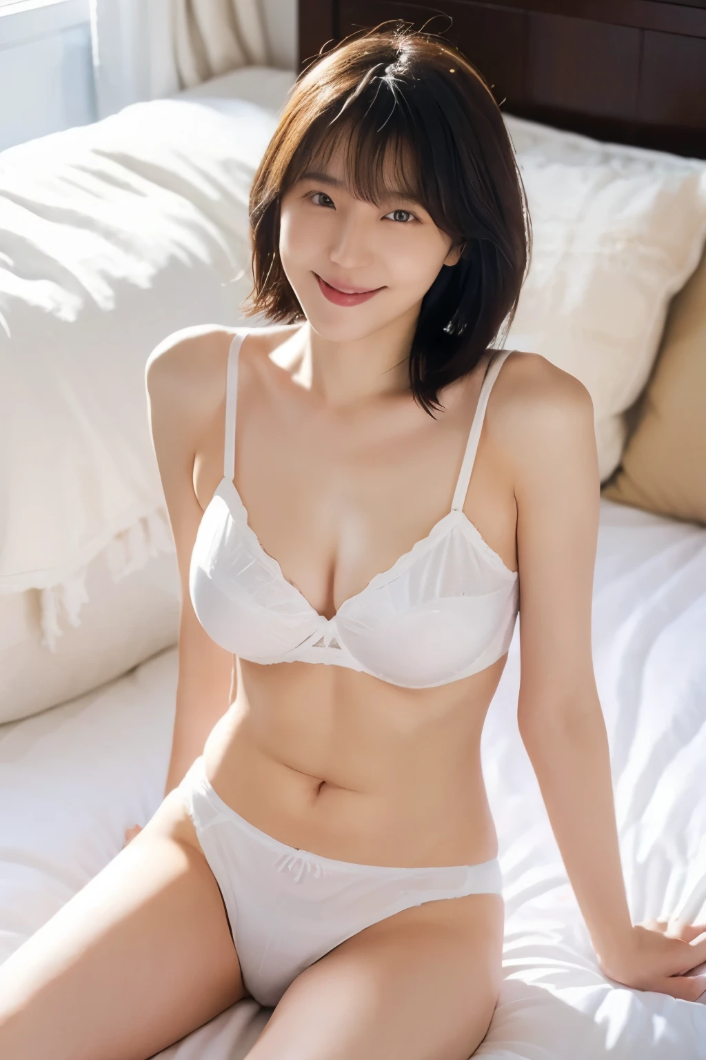 Highly detailed CG Unity 8k , top quality 、 super detailed 、A young and lovely 20 year old Japanese woman、smile、On the white sheets、 lying on your back on the bed 、Beautiful breasts、 lingerie、 wear plain white low-rise panties、White wrinkle-free realistic cotton panties 、 panties with straps on the side、 white bra 、With bangs、plump thighs、Spread your legs lightly and show me your panties、 semi-body shot showing all of the panties、 Panties in full view