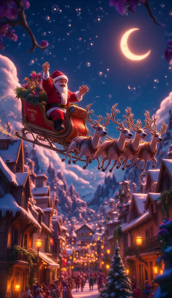 highly detailed, dynamic, cinematic, stunning, realistic lighting and shadows, vivid, vibrant, octane rendering, Unreal Engine, highly detailed, concept art, realistic, cry engine, (dramatic, grainy, intense: 1.4), highest quality, 32k uhd, incredibly detailed, intricately detailed, ultra detailed, ultra high quality, high detail, ultra detailed, masterpiece, A magical 3D Disney-style animation scene of (huge muscular Santa Claus) riding his sleigh, pulled by eight majestic reindeer, soaring high across a starry Christmas Eve sky. huge muscular Santa, dressed in his classic red suit and hat, waves cheerfully as he prepares to deliver presents to ren around the world. The sleigh sparkles with golden magic dust trailing behind, adding a whimsical glow to the scene. Below, a picturesque town is beautifully decorated with festive Christmas lights, with rooftops and trees shimmering in warm colors. The streets are bustling with tiny glowing details of families celebrating indoors. The night sky is deep blue, dotted with twinkling stars and the soft glow of a crescent moon, creating a sense of wonder and warmth. The style is vibrant and colorful, capturing the charm and magic of a Disney animated holiday story.