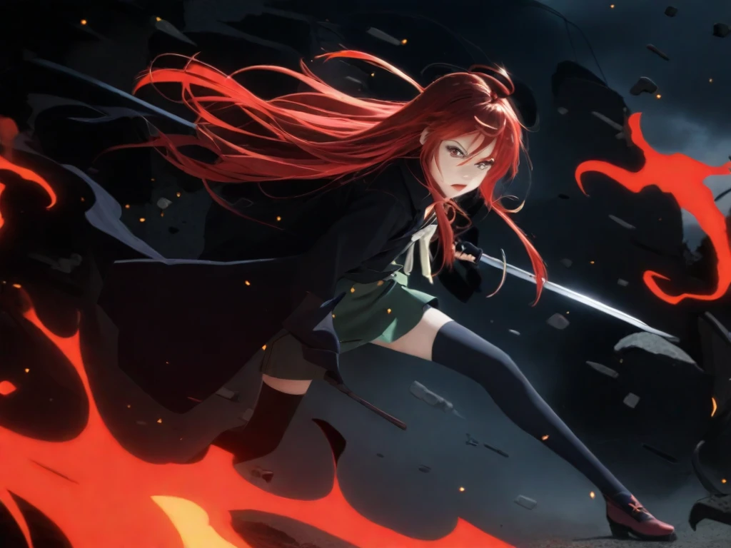 1 girl, cowboy shot, rubble ruins,a little anger, (battle preparation:1.2), open your mouth, (night:1.2), explosive inflammation,shana, red eyes, redhead, very long hair, hair between eyes, (Ahoge:1.1), explosive flame,abandoned building,rubble serafuku, green skirt, Thighhighs,long Japanese sword wrapped in flames..,highest quality, masterpiece, High resolution, black long coat,Flaming on One Side ,black long sleeve,
shana, red eyes, red hair, very long hair, hair between eyes, ahoge),  score_9, score_8_up, score_7_up, source_anime, Swing a japannse sword with both hands ,(photo realistic:1.4),(realistic skin:1.4),photo realistic,Holding a Japanese sword with both hands,Battoujutsu,Put your hand on the pattern of a Japanese sword,A giant Japanese sword with a black handle,Red Sky,Burning Ground,Flames burning in the dark,火の粉が舞う