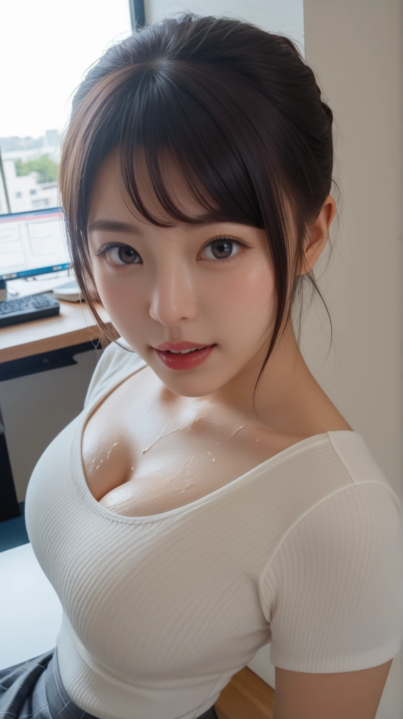 ( realistic、 as pictured 、live-action、8k,  realistic,  RAW photos,   highest image quality taken by Ki : 1.4),  single lens reflex camera、 RAW photos,  top quality ,  realistic,  very detailedな CG Unity 8k 壁紙,  The Depth of Written Boundaries, Cinematic Light,  lens flare,  ray tracing,  realistic background、 I'm sweaty and wet、Pull the center of the knit to show your cleavage、(knitted :1.4、 Business Pants:1.1、Big Breasted 、 clevis on a stone、)、((  Upward Glance  ))、(( super high density skin))、With bangs、 open your mouth、 Lift your chin a little、 1 Woman , cute Japanese woman、A Japanese office lady is sitting、((whole body:1.5)、 shortcuts:1.2、 blondes、 I like that style 、 stylish、 very detailed、 pay attention to the details、Perfect outfit、(  tanned skin  )、 beautiful legs with tails:1.1， Aerial View 、 thighs、 tight skirt