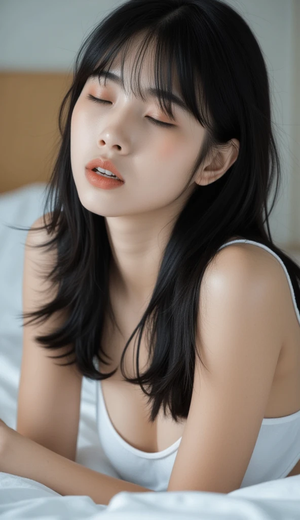 A half upper body close-up shot photograph of a young, beautiful Asian woman with long, straight black hair with bang. She wears small strap white tank top. She is lying down on a white cozy bed. Her eyes are closed. Her face expression is like she is extremely hurt and tortured, her mouth is opened-wide, slightly bent her face up. Adding alluring sense.