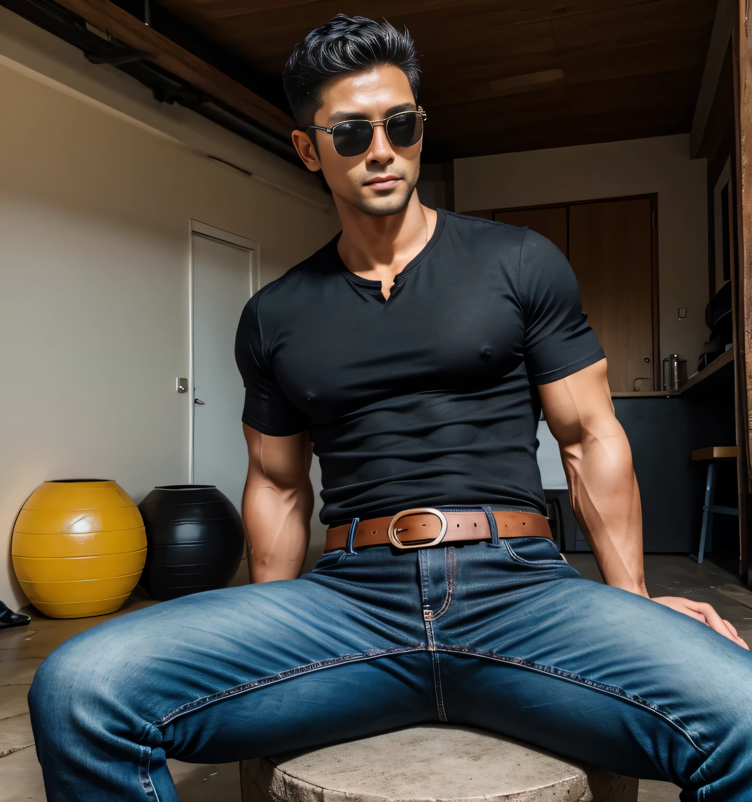 40 year old handsome ,  One Man,、  muscularity、Oki Shuto 。  black shirt 、  slim jeans similar to Kim Seol-young、  shorthair  　、 basement、  open leg 。  Sitting on the ground 、  black shirt 、 slim jeans similar to Kim Seol-young 、 Lift your upper body 、Focus on facial expressions　Turkish　 black Hermes belt　 black sunglasses 