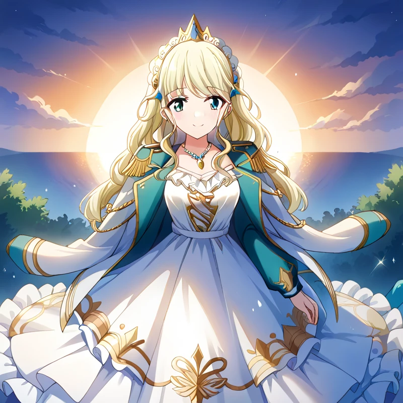 score_9, score_8_consolation, score_7_consolation, score_6_consolation, 1 woman, Shiori, Blonde hair , Long hair ,A jacket over the shoulder, Epolite , headdress, cold wind, Princess Dress , long dress, seafront, sunset,  light smile  , necklace
