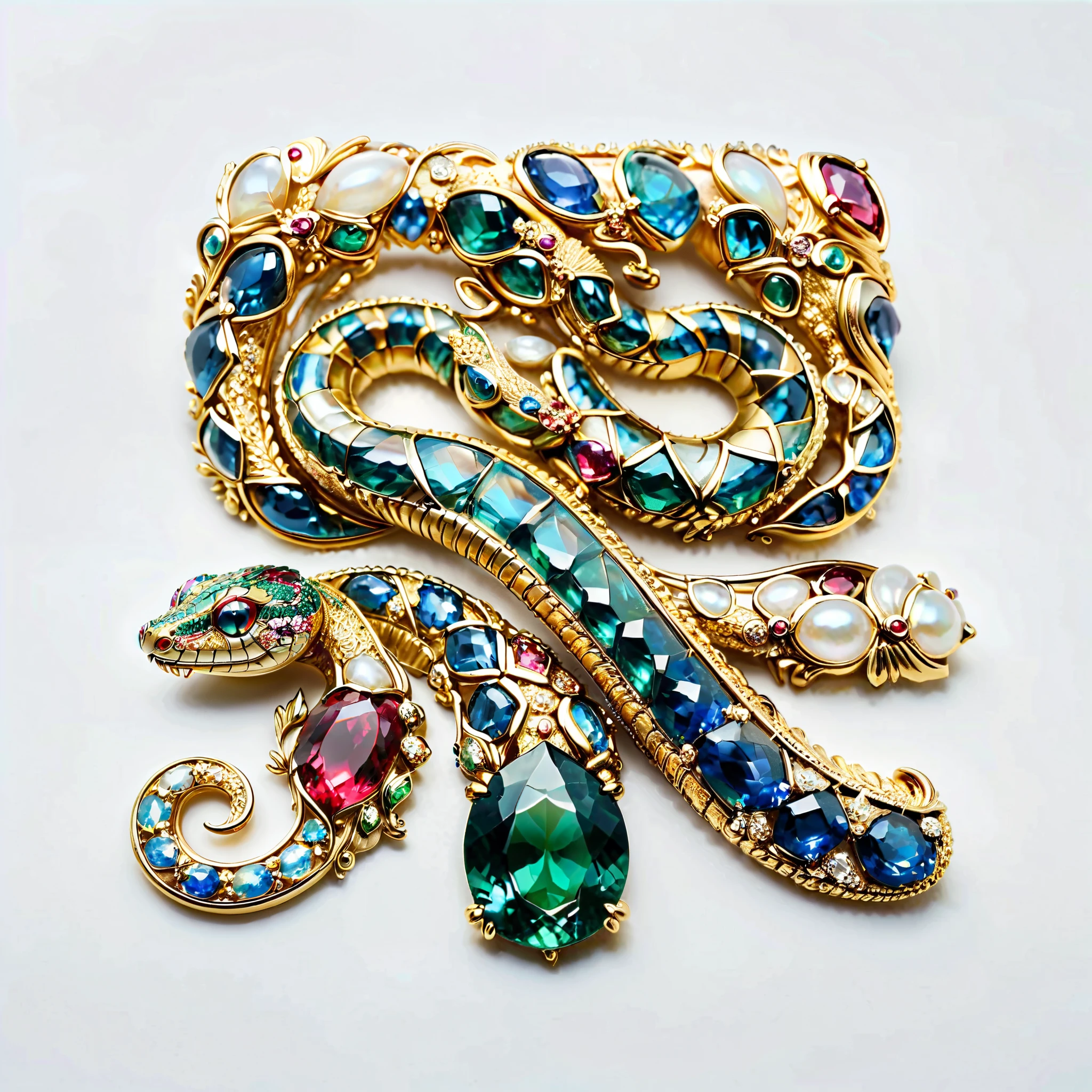  masterpiece.   exquisite brooch   ，  Depicts a Malagasy tourmaline snake，   precious gemstones   .   Exquisite craftsmanship  .    high quality  .   Excellent improvements  . ((     Super Detailed  )).  Table decoration   ，   and exquisitely decorated jewels with some mother-of-pearl   , opal, ruby. lapis lazuli.  masterpiece hors norme.   Magnificent and authentic  .    ultra-realistic  .. ((      white background   ))