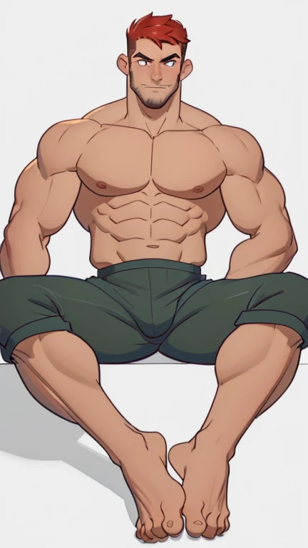 (1man), muscular, teenage, shirtless, handsome,[nerd:0.6], dynamic,(Masterpiece), (((high quality))), (best quality:2), flat color, good face, (fullbody shot), good eyes, showing feet, very long full body shot, ((((masterpiece face)))), sitting on invisible chair showing his feet sole, disney style eyes, foot fetish, red hair, showing feet soles, spread legs, five toes