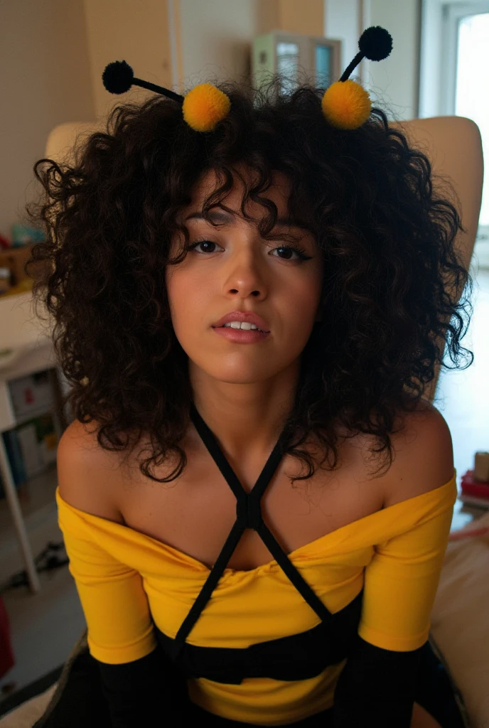 a beautiful woman sitting on the chair in her bedroom, close-up, natural light, amateur photography, extremely curly hair, wearing honeybee costume, fluffy ball antennae, bee costume, black and yellow, 4c curls