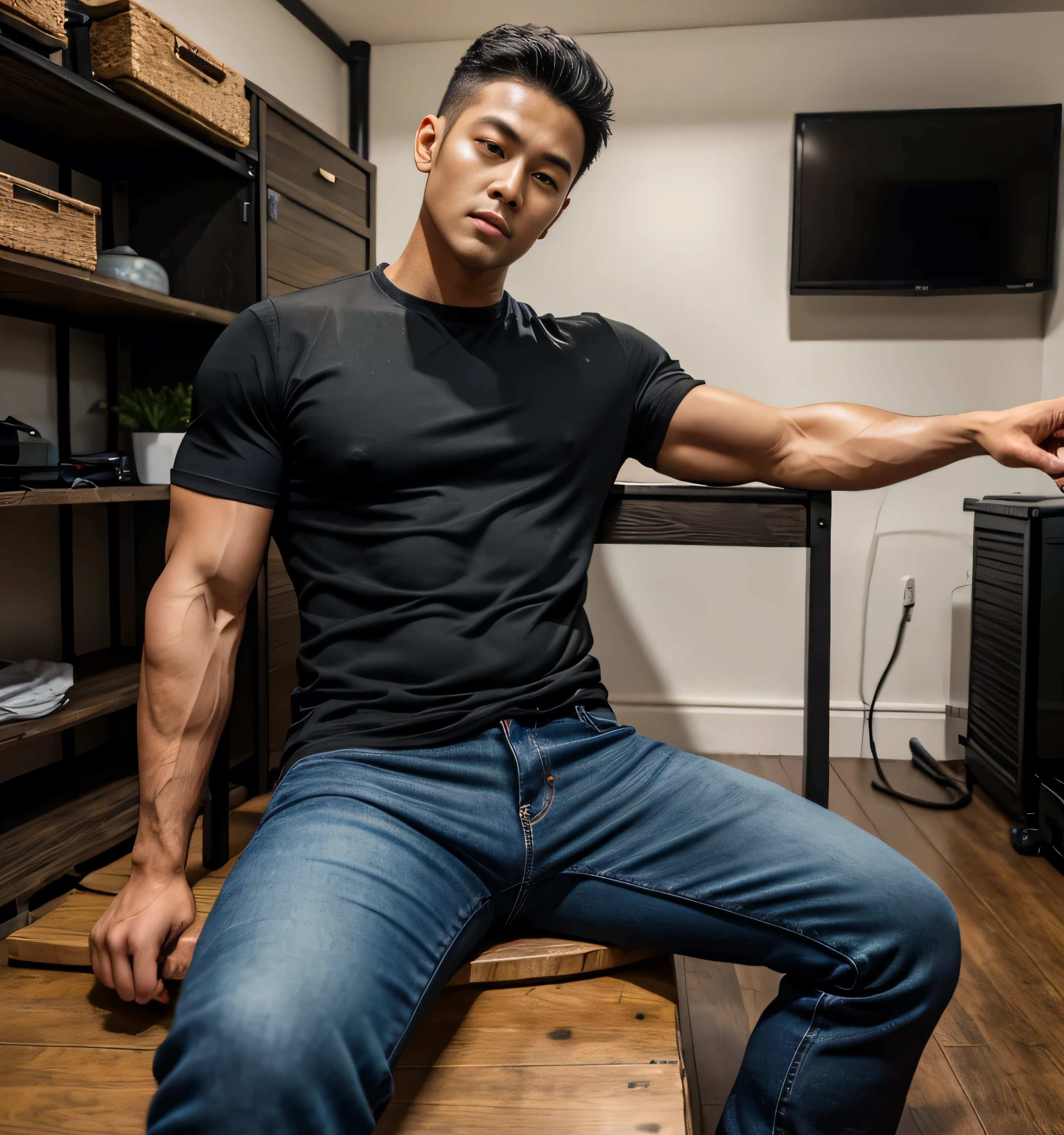 40 year old handsome ,  One Man,、  muscularity、Oki Shuto 。  black shirt 、  slim jeans similar to Kim Seol-young、  shorthair  　、 basement、  open leg 。  Sitting on the ground 、  black shirt 、 slim jeans similar to Kim Seol-young 、 Lift your upper body 、Focus on facial expressions　Turkish　 black sunglasses 