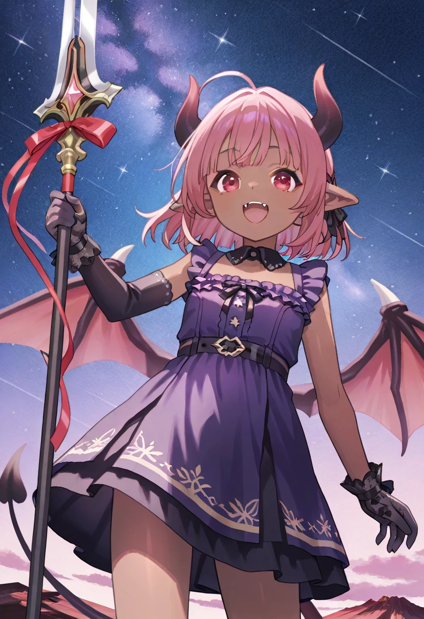  top quality 、One 、 little chest、 slender body、Slender legs、 pink hair、(( brown skin next to a woman))、Devil horns and tail、Purple Hair、 short bob 、Devil&#39;s Wings、 flying through the sky 、 red eyeshadow、Cute Fangs、 red eyes、 is standing、 purple dress 、black ruffle gloves 、whole body、volcano、Night Sky、Stars Shining、Devil&#39;s Spear、 proud face 