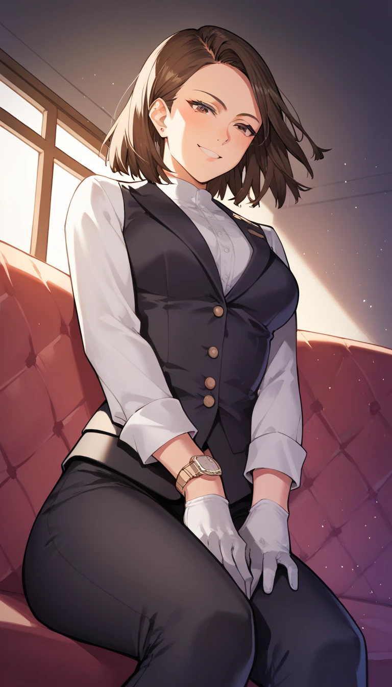 score_9, score_8_ up, score_7_ up,  source_Anime,  top quality , amazing quality,  very aesthetic,  One Girl ,  brown eyes, room,  wariza,  medium hair,  choppy bob haircut ,  dark brown hair ,  Portrait,  blazer,  Star Shadow Magician , Alone, Adult female,  The most perfect anatomy, thin,  curvy body on the body,  medium breasts , close  up shot on person,  happy woman relaxing at the bar, (naughty face 1 .8), , s uper low angle from below, Side Shot ,  Watch Viewers , ( lies down, Hands between legs),  mature woman lying face down on sofa,  white shirt,  black tuxedo , Format black vest, Long sleeve shirt,  white format gloves ,  black trousers,  dynamic angle.  perfect dynamic configuration with Stratocaster, Forsioning , Night Day々,   Volumetric Lighting , dark hotel sitting room background,