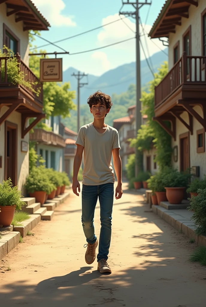 20-year-old boy walking through a village, high definition, with many details, --auto --s2