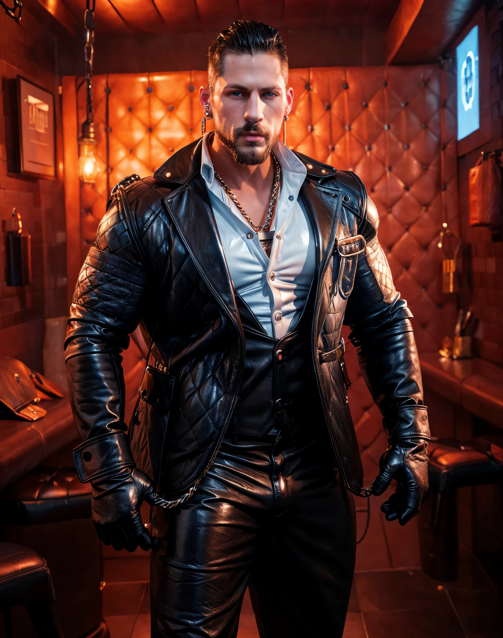 Roman Todd plastic doll, slim body, mohawk, mustache, beard, diamond earrings, narrow waist, black shiny quilted leather suit with iron chains, leather gloves, leather vest, shiny quilted leather pants, crotch bulge, highly detailed, photorealistic, 8K, HDR,