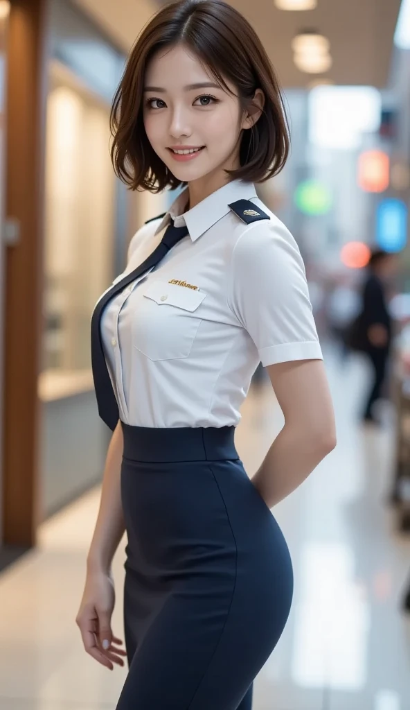 (1 Policewoman), Ultimate Beautiful Mature, hyperdetailed face, Detailed eyes, Double eyelids, Detail lips, Short brunette hair, (Light blue fancy blouse), (Black tight mini skirt), (G Cup Big),lightsmile, thighs thighs thighs thighs, Standing, ((Cowboy Shot)), depth of fields, Perfect litthing, (Photorealsitic:1.4), (ultra-detailliert), (top-quality), (Best Shadows), (masterpiece), Ultra High Resolution, Background with: (tokio city),