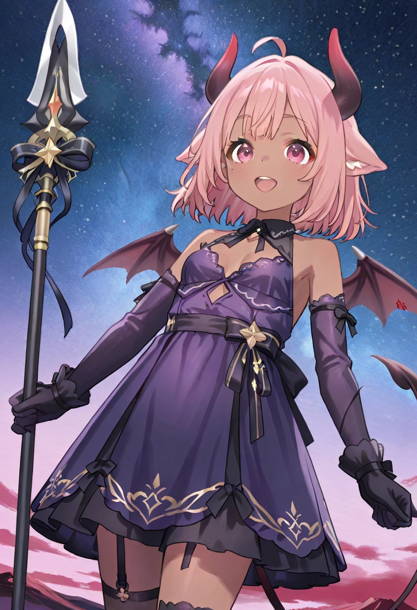  top quality 、One 、 small breasts、 slender body、Slender legs、 pink hair、(( brown skin next to a woman))、Devil horns and tail、Purple Hair、 short bob 、Devil&#39;s Wings、 flying through the sky 、 red eyeshadow、Cute single tusk、 red eyes、 is standing、 purple dress 、black ruffle gloves 、whole body、volcano、Night Sky、Stars Shining、Devil&#39;s Spear、 proud face 