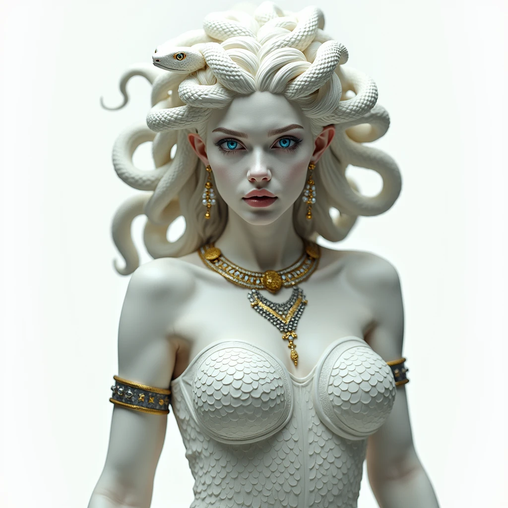 Medusa Greek mythology, (Ancient Greek dress, gold and silver accessories, collar, bracelets, earrings:1.3),
The hair of many snakes, image of a white snake all over, white skin covered with shiny scales, sky blue eyes, slightly open moist lips, small fangs, showing red tongue, curvy perfect body, ( simple background, white background),
white snake image, 