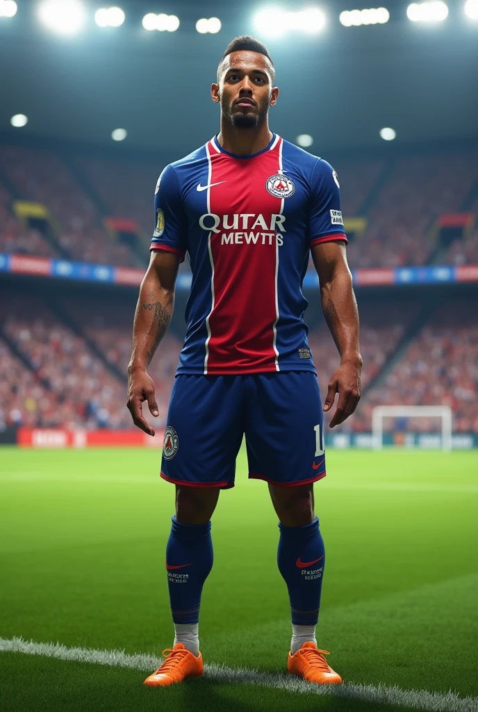 Custom soccer uniform in primary color black ,secondary color blue and orange shorts with the word bela vista written on the shield on the left side of the chest