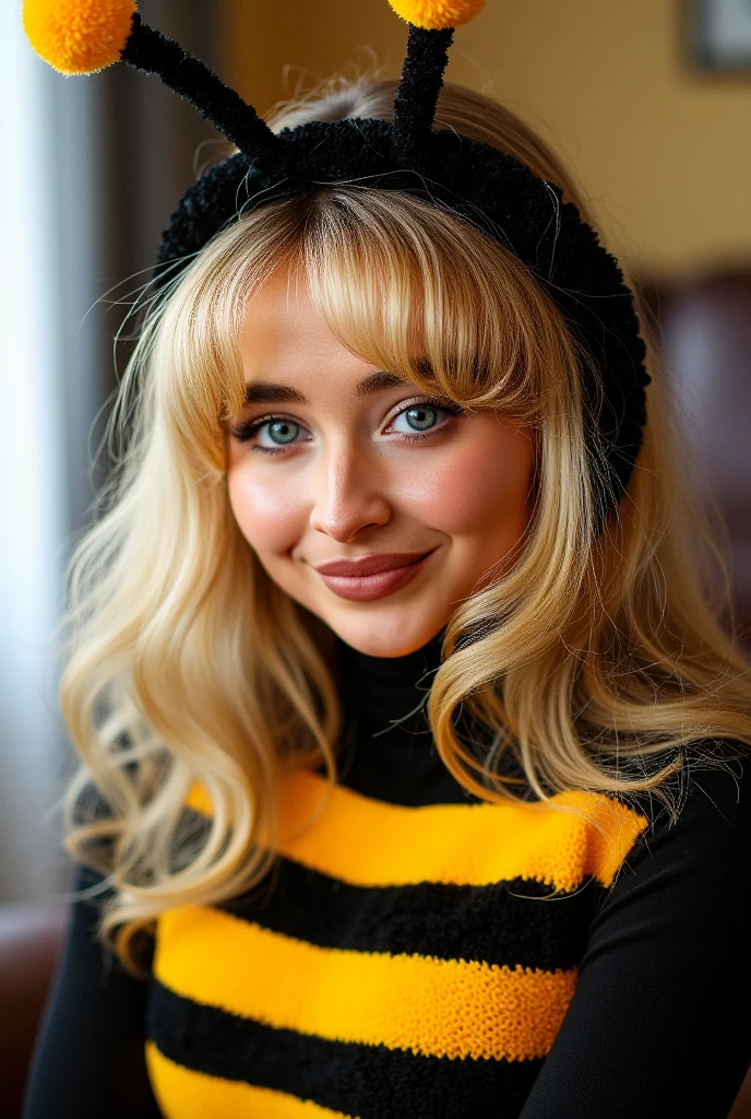 s4bc4rp sitting on the chair in her bedroom, close-up, natural light, amateur photography, blue eyes, wearing honeybee costume, fluffy ball antennae, bee costume, black and yellow, wavy blonde hair