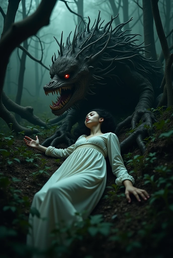 A hauntingly beautiful dark fantasy scene captures a woman lying prone on the ground, shrouded in darkness with only her glowing eyes visible. Her face is enveloped in the shadows of night, and she is surrounded by eerie, otherworldly creatures with distorted, twisted forms. The ominous atmosphere is heightened by the swirling clouds in the sky, casting an eerie glow that intensifies the sense of dread and foreboding. The vibrant, high-quality rendering of this scene immerses the viewer in a cinematic experience, as if the dawn is the only barrier between her and the unknown darkness that looms. This captivating image draws inspiration from the traditional Japanese art form of ukiyo-e, creating a mesmerizing blend of ancient and modern styles., ukiyo-e, cinematic, vibrant, photo, dark fantasy