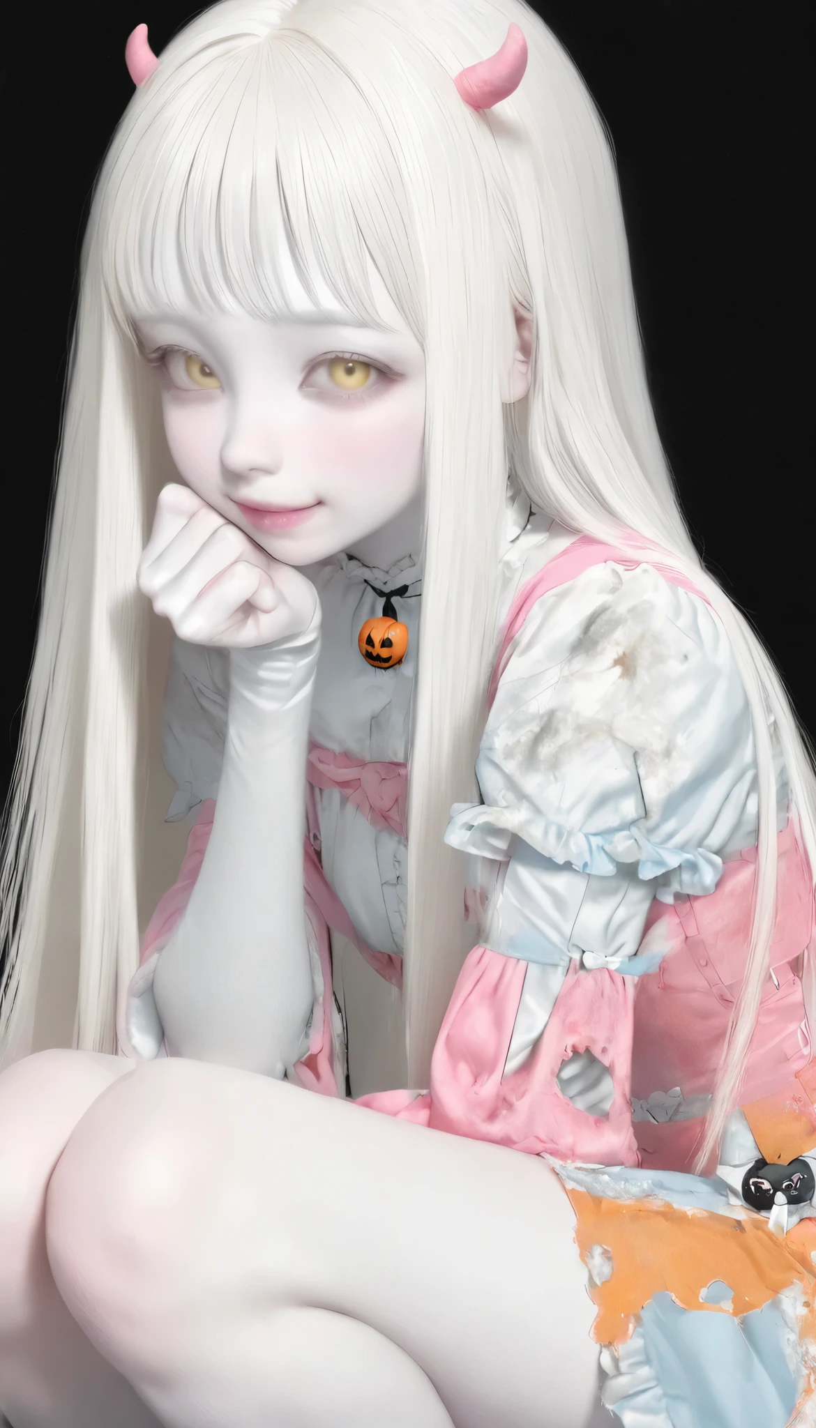 bright color:1.7、 LOSING PASTEL COLORS :1.7、( Top Quality 、masterpiece、 very detailed、 one girl 、((非常に cute face)) , (( long hair )), long white hair , very long straight hair , Short bangs, Albino white skin, pale yellow eyes like Halloween , realistic feel that hides a woman's genitals , cute face、Silky Short Blonde、 knees、 gothic fashion 、 very detailed目、 cute face、 bright color:1.7、 LOSING PASTEL COLORS :1.7