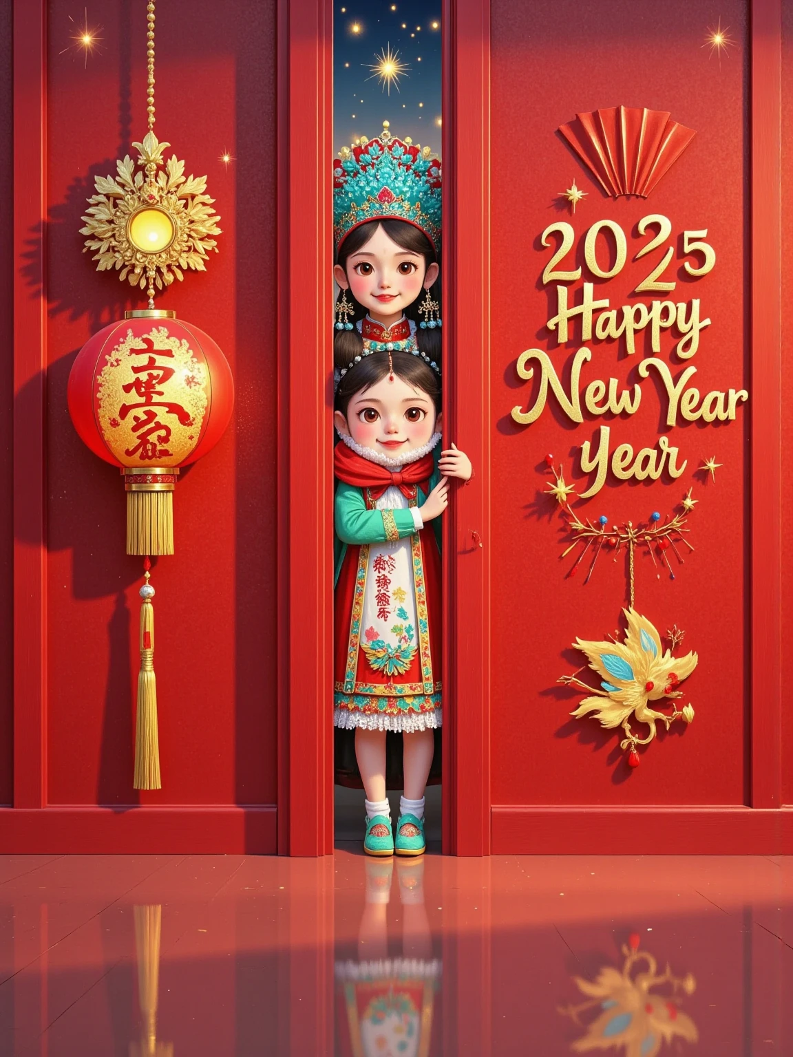 A cute girl and a  peek out from behind a red door， Probe behind a pure red wall ，Rectangular or arched ，close up， Extremely clean picture ，C4D Rendering，Blender，Simple characters， Visually playful ，Playful expression，32k ultra high definition， minimal style， Pixar style ，Poster text “2025 Happy New Year” 