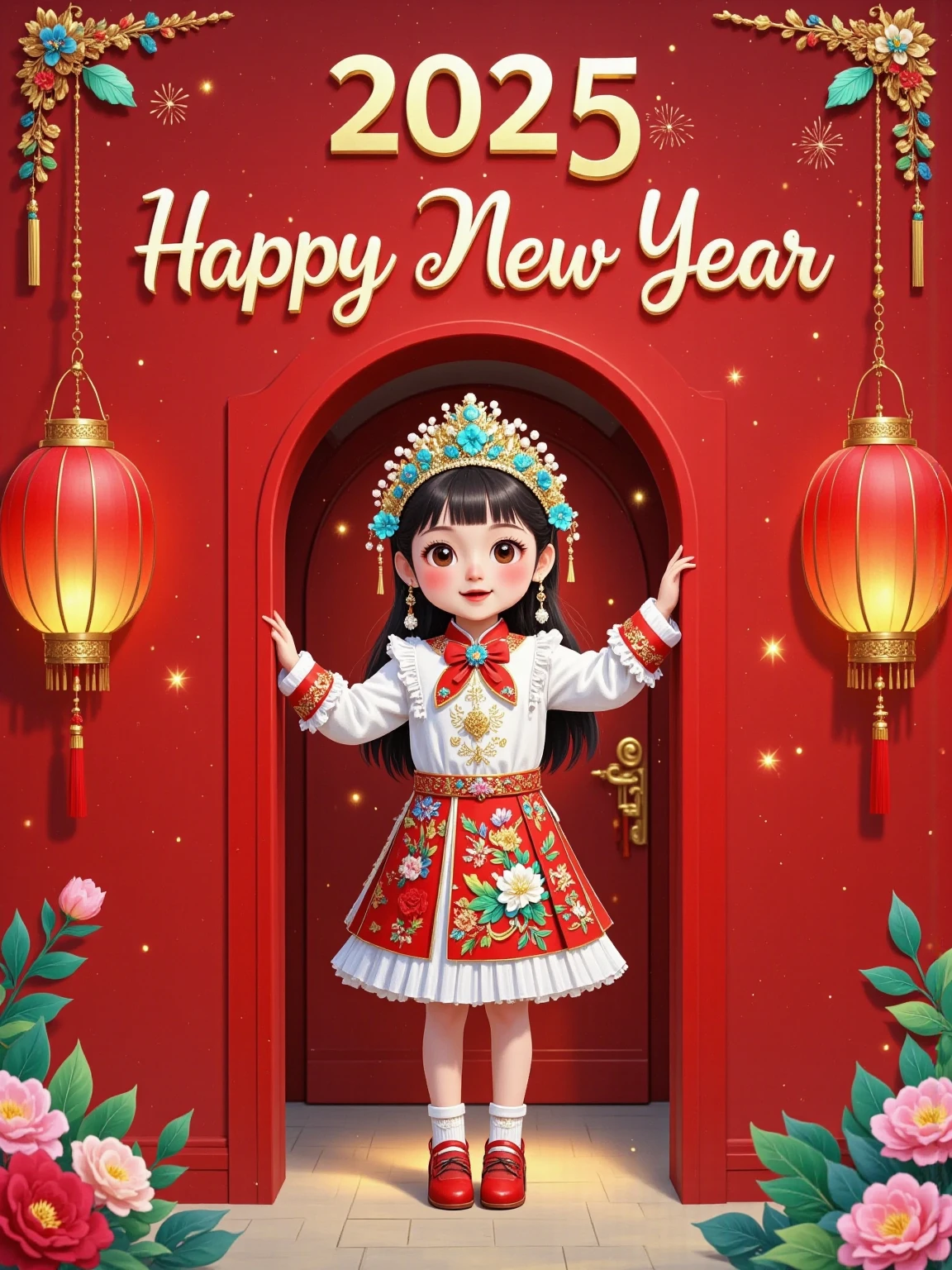 A cute girl and a  peek out from behind a red door， Probe behind a pure red wall ，Rectangular or arched ，close up， Extremely clean picture ，C4D Rendering，Blender，Simple characters， Visually playful ，Playful expression，32k ultra high definition， minimal style， Pixar style ，Poster text “2025 Happy New Year” 