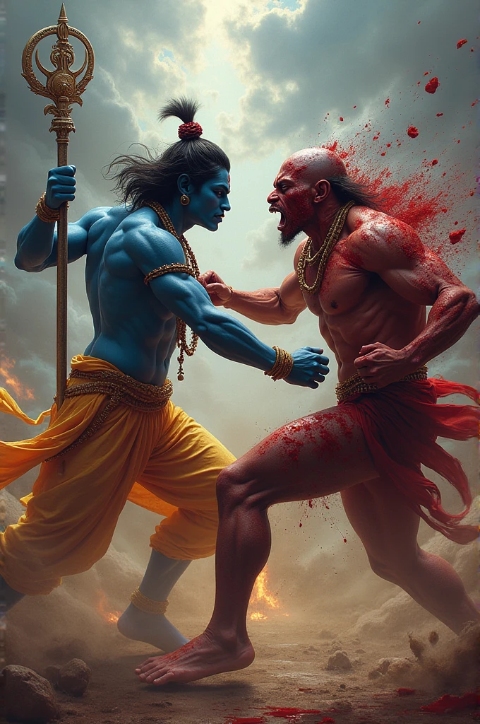 3d muscular small teen krishna with skin blue colour wearing gold ornaments peakock one feather on head
fights with 3d heighted dark fat man highly graphic war scene depicting them engaged in martial arts