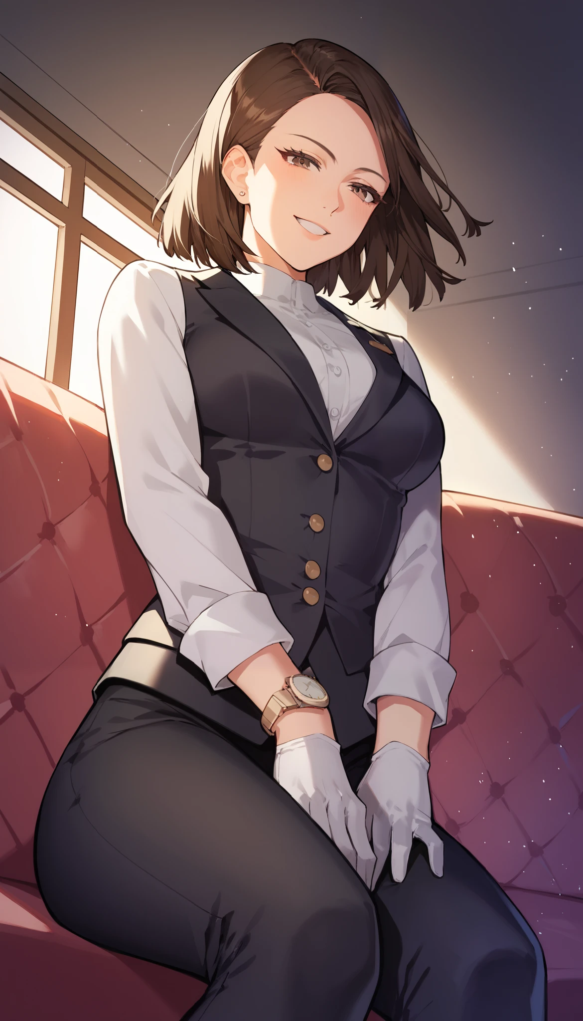 score_9, score_8_ up, score_7_ up,  source_Anime,  top quality , amazing quality,  very aesthetic,  One Girl ,  brown eyes, room,  wariza,  medium hair,  choppy bob haircut ,  dark brown hair ,  Portrait,  blazer,  Star Shadow Magician , Alone, Adult female,  The most perfect anatomy, thin,  curvy body on the body,  medium breasts , close  up shot on person,  happy woman relaxing at the bar, (naughty face 1 .8), , s uper low angle from below, Side Shot ,  Watch Viewers , ( lies down, Hands between legs),  mature woman lying face down on sofa,  white shirt,  black tuxedo , Format black vest, Long sleeve shirt,  white format gloves ,  black trousers,  dynamic angle.  perfect dynamic configuration with Stratocaster, Forsioning , Night Day々,   Volumetric Lighting , dark hotel sitting room background,