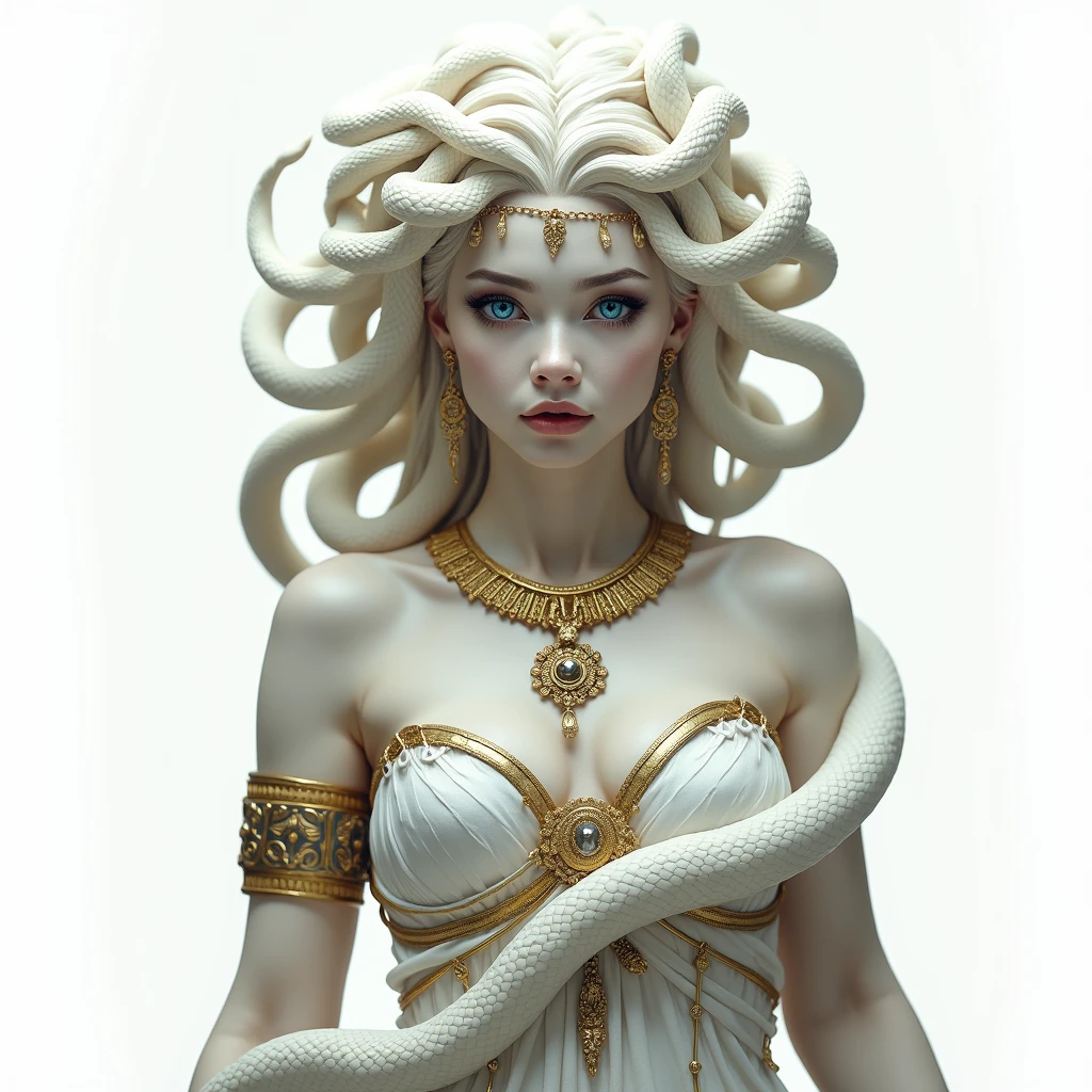 Medusa Greek mythology, (Ancient Greek dress, gold and silver accessories, high neck, collar, bracelets, earrings:1.3),
The hair of many snakes, image of a white snake all over, white skin covered with shiny scales, sky blue eyes, slightly open moist lips, small fangs, showing red tongue, curvy perfect body, ( simple background, white background),
white snake image, 