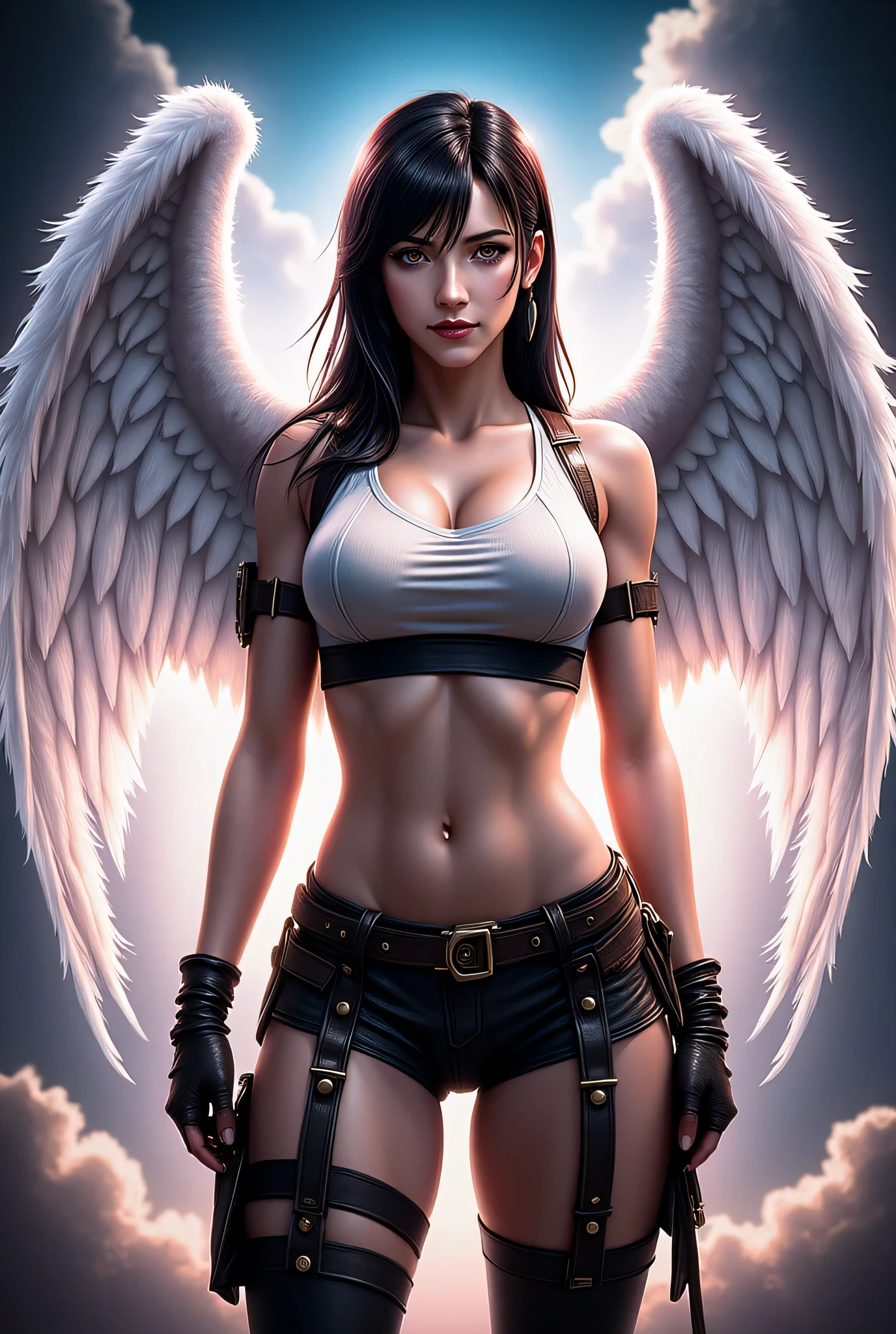 (tmasterpiece), (best qualtiy), 8K分辨率, ultra - detailed, photorealestic, photore, femele, Short black hair,Eight-pack abs,Expose abs,Exposing thighs,Toned arms,3DMM style,White ultra-high fork ultra-deep V three-point bikini,fully body photo,Body facing the camera,arms stretched wide,Incredibly huge breasts