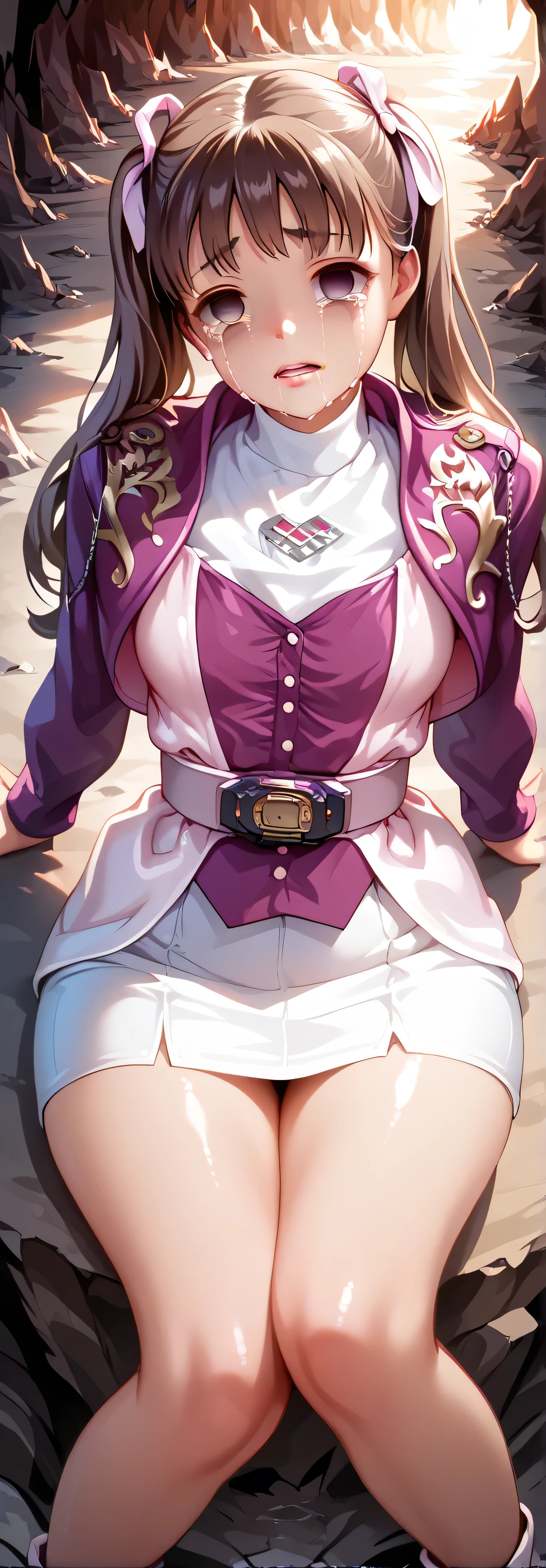 ( High-definition CG), ( top quality ),(( Composition showing the part above the knee )),((cave)),((1girl)), perfect face, shiny skin , wide hips , thin waist, purple bolero jacket , white skirt, Long Sleeve , Pink belt,((brown hair color )), long straight hair ,((Composition showing the part above the knee where the eyebrows are bent in the shape of a C )),(( eyes half open)),(('s face is slightly open)),(( Crying Face )),((empty eyes)),((suffer)), on all fours