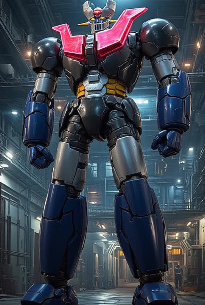  a very realistic version of the modified Mazinger Z,  stands 100 meters high ahead .   It's built with modern materials such as steel  ,   Carbon Fiber  ,   Other industrial elements are also visible  ,   just like the real thing  ,   has been carefully recreated 。.  set in a modern nuclear reactor facility 、 an industrial environment where a high voltage current flows and emits light   ,   Masinger Z standing around  ,   are illuminated by natural light  、  A huge structure highlighted by realistic shadows  . LED light lighting  　Gundam